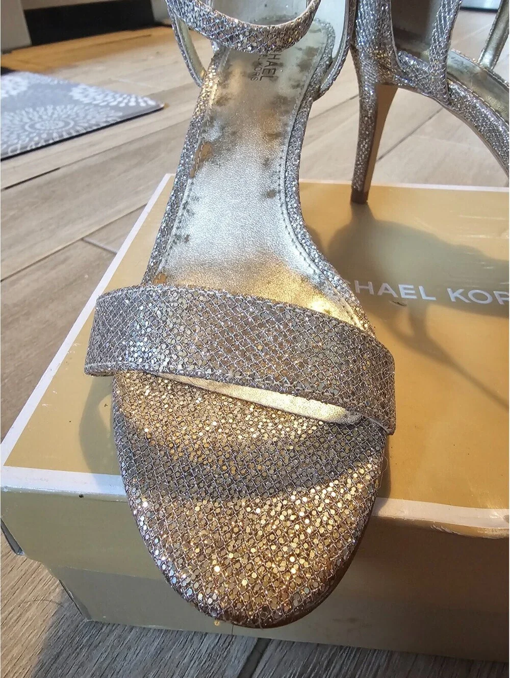 MICHAEL Michael Kors Glitter Heels Women’s 8M Gold Strappy Stiletto